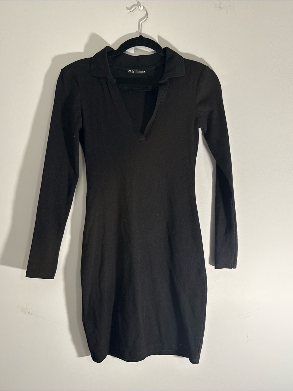Zara Black Long-Sleeve V-Neck Polo Dress